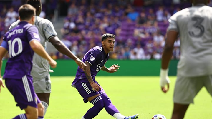 Feb 27, 2022; Orlando, Florida, USA; Orlando City SC forward Facundo Torres (17) passes the ball