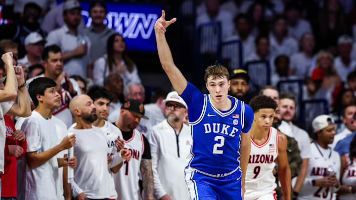 Nov 22, 2024; Tucson, Arizona, USA; Duke Blue Devils forward Cooper Flagg (2) celebrates a three pointer made during the second half against the Arizona Wildcat at McKale Center. Mandatory Credit: Aryanna Frank-Imagn Images