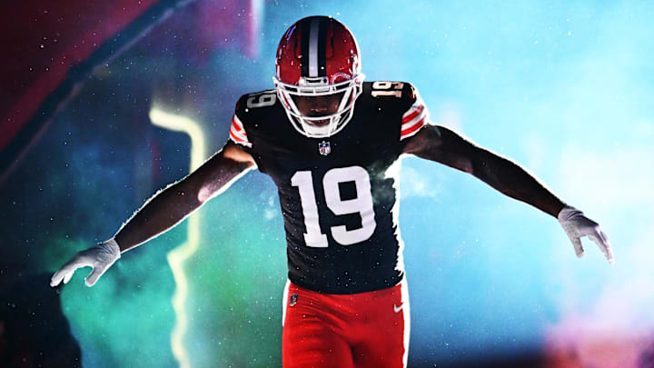Nov 21, 2024; Cleveland, Ohio, USA; Cleveland Browns wide receiver Cedric Tillman (19) is introduced before the game between the Browns and the Pittsburgh Steelers at Huntington Bank Field.