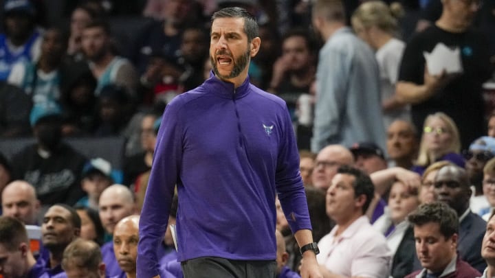 Apr 7, 2022; Charlotte, North Carolina, USA; Charlotte Hornets head coach James Borrego  during the first quarter against the Orlando Magic at Spectrum Center.