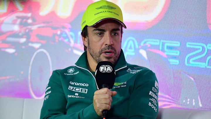 Nov 15, 2023; Las Vegas, Nevada, USA; Aston Martin driver Fernando Alonso of Spain speaks during Nov 15, 2023; Las Vegas, Nevada, USA; Aston Martin driver Fernando Alonso of Spain speaks during