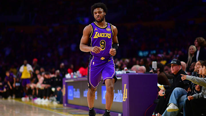 Jan 3, 2025; Los Angeles, California, USA; Los Angeles Lakers guard Bronny James (9) in action against the Atlanta Hawks during the second half at Crypto.com Arena. Mandatory Credit: Gary A. Vasquez-Imagn Images Jan 3, 2025; Los Angeles, California, USA; Los Angeles Lakers guard Bronny James (9) in action against the Atlanta Hawks during the second half at Crypto.com Arena. Mandatory Credit: Gary A. Vasquez-Imagn Images