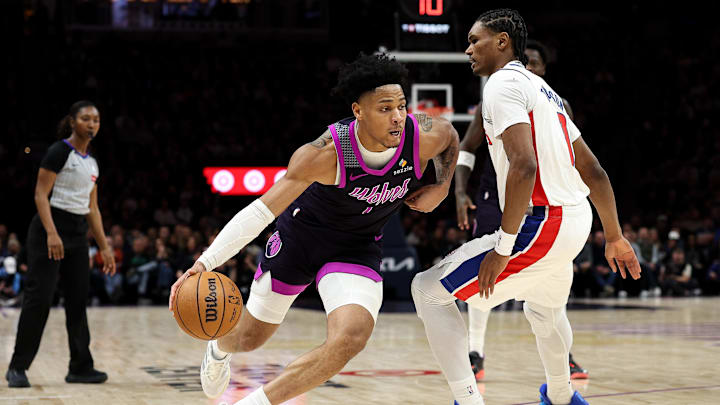 Mar 28, 2026; Minneapolis, Minnesota, USA; Minnesota Timberwolves guard Terrence Shannon Jr. (1) works around Detroit Pistons guard Ausar Thompson (9) during the first half at Target Center. Mandatory Credit: Matt Krohn-Imagn Images