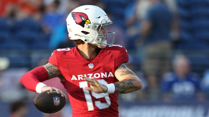 Aug 6, 2026; Canton, Ohio, USA;  Arizona Cardinals quarterback Carson Beck (19) warms up before playing the the Carolina Panthers at Tom Benson Hall of Fame Stadium. Mandatory Credit: Charles LeClaire-Imagn Images