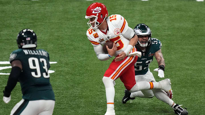 Feb 9, 2025; New Orleans, LA, USA; Philadelphia Eagles linebacker Zack Baun (53) makes a tackle on Kansas City Chiefs quarterback Patrick Mahomes (15) during the fourth quarter in Super Bowl LIX  at Caesars Superdome. Mandatory Credit: Kirby Lee-Imagn Images