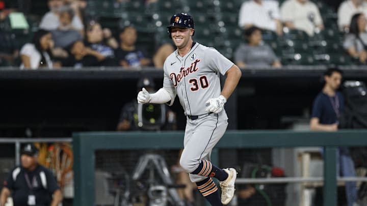 Chicago, Illinois, USA; Detroit Tigers designated hitter Kerry Carpenter (30) rounds the bases after hitting a solo home run against the Chicago White Sox during the sixth inning at Rate Field. Chicago, Illinois, USA; Detroit Tigers designated hitter Kerry Carpenter (30) rounds the bases after hitting a solo home run against the Chicago White Sox during the sixth inning at Rate Field.