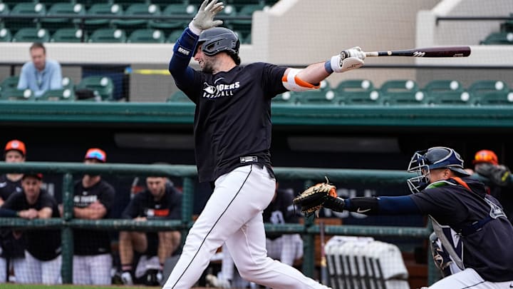 Detroit Tigers outfielder Matt Vierling bats at batting practice during spring training at Joker Marchant Stadium in Lakeland, Fla. on Thursday, Feb. 20, 2025. Detroit Tigers outfielder Matt Vierling bats at batting practice during spring training at Joker Marchant Stadium in Lakeland, Fla. on Thursday, Feb. 20, 2025.