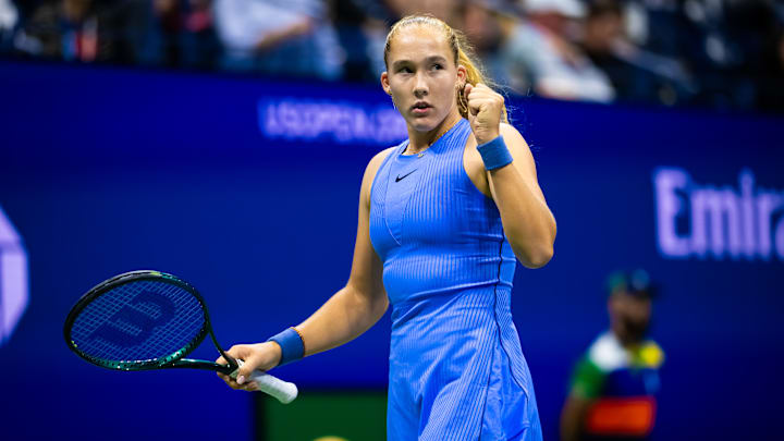 Mirra Andreeva pumps her fist after winning a point at the U.S. Open earlier this month.