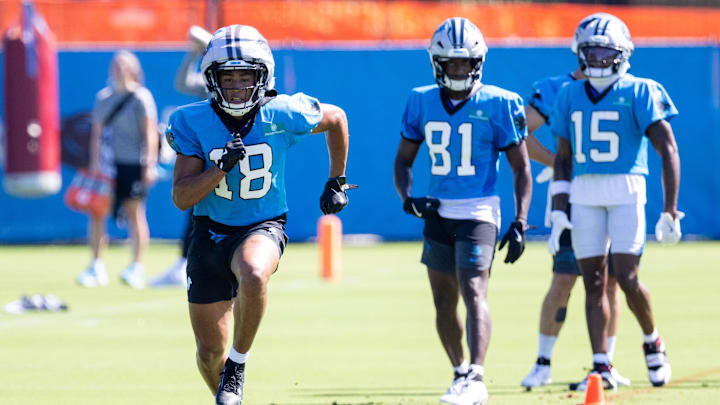 Jul 26, 2025; Charlotte, NC, USA; Carolina Panthers wide receiver Jalen Coker (18) runs routes during training camp. Mandatory Credit: Scott Kinser-Imagn Images