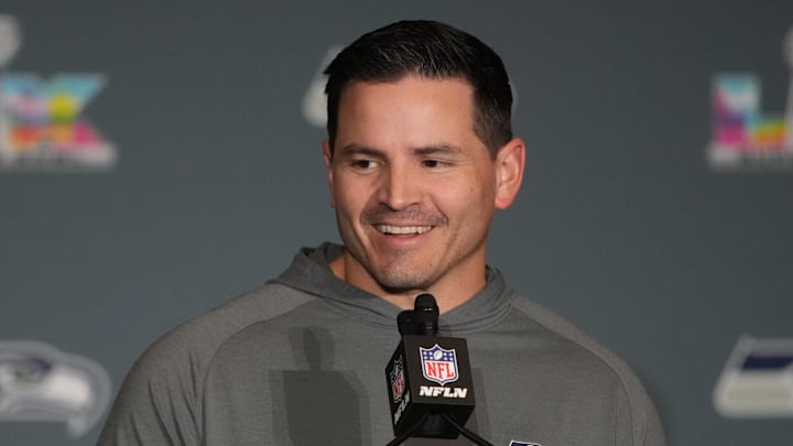 Feb 5, 2026; San Jose, CA, USA; Seattle Seahawks head coach Mike MacDonald talks to media members at the San Jose Marriott. Mandatory Credit: Darren Yamashita-Imagn Images