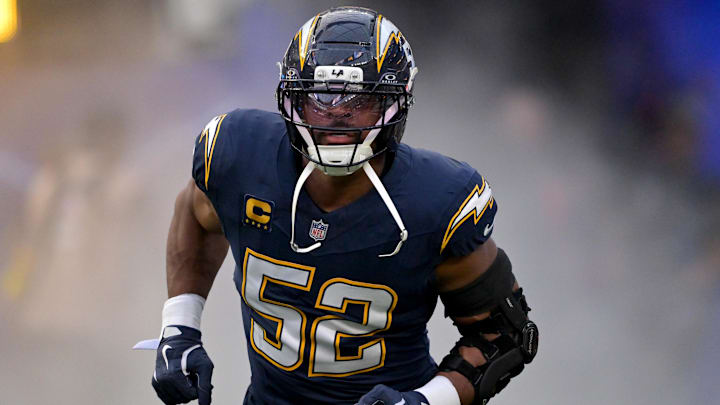 Oct 23, 2025; Inglewood, California, USA; Los Angeles Chargers outside linebacker Khalil MacK (52) is introduced for the game against the Minnesota Vikings at SoFi Stadium. Mandatory Credit: Jayne Kamin-Oncea-Imagn Images