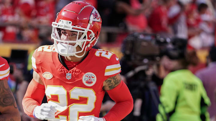Oct 12, 2023; Kansas City, Missouri, USA; Kansas City Chiefs cornerback Trent McDuffie (22) takes the field for warm ups against the Los Angeles Chargers prior to a game at GEHA Field at Arrowhead Stadium. Mandatory Credit: Denny Medley-Imagn Images Oct 12, 2023; Kansas City, Missouri, USA; Kansas City Chiefs cornerback Trent McDuffie (22) takes the field for warm ups against the Los Angeles Chargers prior to a game at GEHA Field at Arrowhead Stadium. Mandatory Credit: Denny Medley-Imagn Images