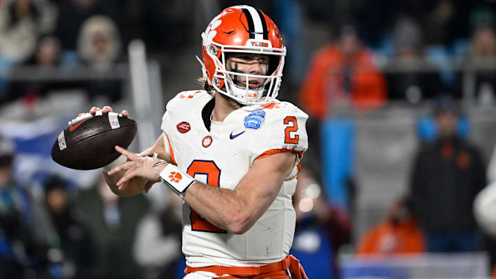 Dec 7, 2024; Charlotte, NC, USA; Clemson Tigers quarterback Cade Klubnik (2) throws during the third quarter against the Southern Methodist Mustangs in the 2024 ACC Championship game at Bank of America Stadium. 