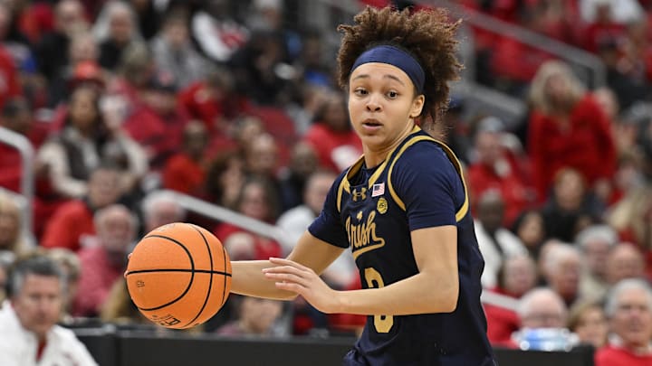 Mar 1, 2026; Louisville, Kentucky, USA;  Notre Dame Fighting Irish guard Hannah Hidalgo (3) dribbles against the Louisville Cardinals during the second half at KFC Yum! Center. Notre Dame defeated Louisville 65-62. Mandatory Credit: Jamie Rhodes-Imagn Images