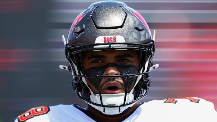 Sep 22, 2024; Tampa, Florida, USA; Tampa Bay Buccaneers offensive tackle Tristan Wirfs (78) warms up   before a game against the Denver Broncos at Raymond James Stadium. Mandatory Credit: Nathan Ray Seebeck-Imagn Images