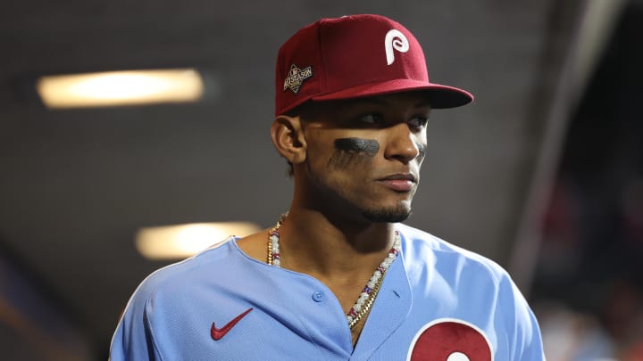 Oct 12, 2023; Philadelphia, Pennsylvania, USA; Philadelphia Phillies center fielder Johan Rojas Oct 12, 2023; Philadelphia, Pennsylvania, USA; Philadelphia Phillies center fielder Johan Rojas
