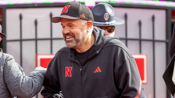 Nebraska football coach Matt Rhule smiles during the 2026 Red-White Spring Game.