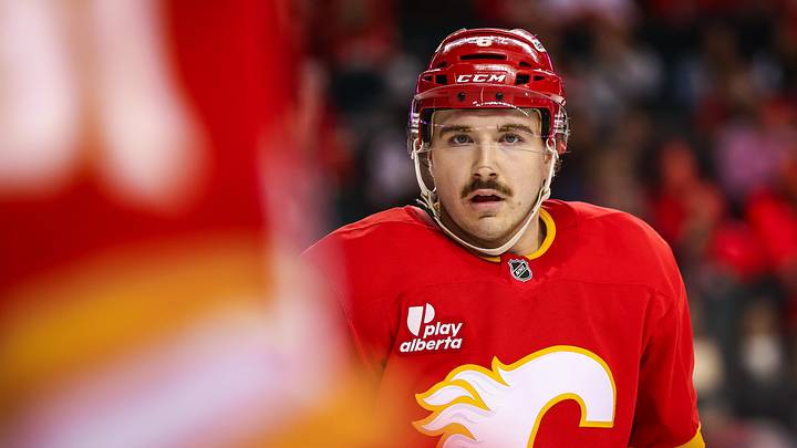 Nov 13, 2025; Calgary, Alberta, CAN; Calgary Flames left wing Rory Kerins (6) against the San Jose Sharks during the second period at Scotiabank Saddledome. Mandatory Credit: Sergei Belski-Imagn Images