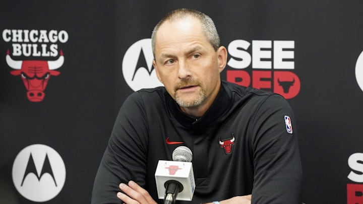 Sep 29, 2025; Chicago, IL, USA; Chicago Bulls Arturas Karnisovas, executive vice president of basketball operations talks to the press on Media Day. Mandatory Credit: David Banks-Imagn Images Sep 29, 2025; Chicago, IL, USA; Chicago Bulls Arturas Karnisovas, executive vice president of basketball operations talks to the press on Media Day. Mandatory Credit: David Banks-Imagn Images