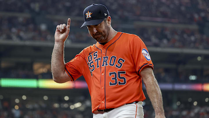 Sep 20, 2024; Houston, Texas, USA; Houston Astros starting pitcher Justin Verlander (35) motions to the crowd while walking to the dugout after a pitching change in the fifth inning against the Los Angeles Angels at Minute Maid Park.