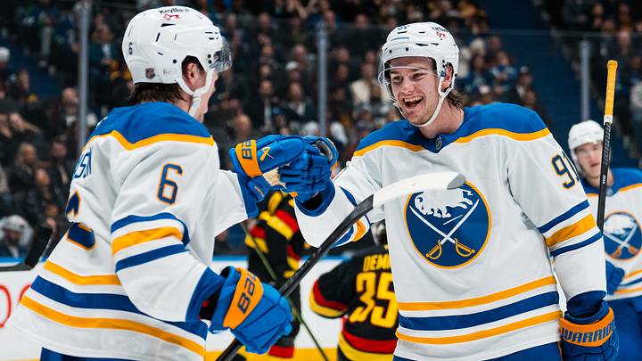 Dec 11, 2025; Vancouver, British Columbia, CAN; Buffalo Sabres forward Josh Doan (91) and forward Zach Benson (6) celebrate Benson’s goal against the Vancouver Canucks in the second period at Rogers Arena. Mandatory Credit: Bob Frid-Imagn Images Dec 11, 2025; Vancouver, British Columbia, CAN; Buffalo Sabres forward Josh Doan (91) and forward Zach Benson (6) celebrate Benson’s goal against the Vancouver Canucks in the second period at Rogers Arena. Mandatory Credit: Bob Frid-Imagn Images