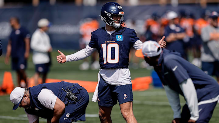 Jul 23, 2025; Englewood, CO, USA; Denver Broncos quarterback Bo Nix (10) during Denver Broncos Training Camp. Mandatory Credit: Isaiah J. Downing-Imagn Images