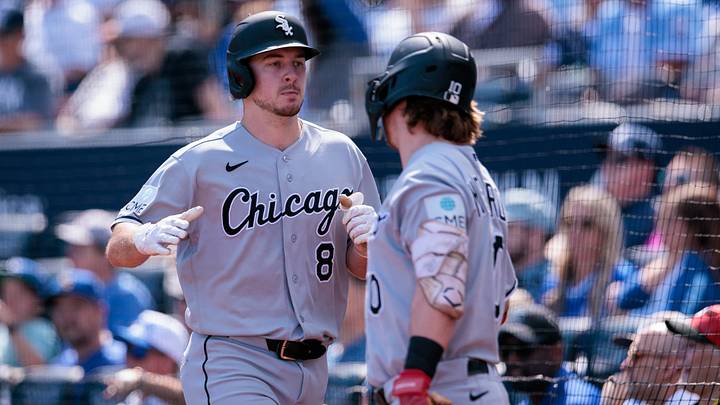Sep 24, 2026; Kansas City, Missouri, USA; Chicago White Sox catcher Kyle Teel (8) slaps hands with Chicago White Sox second baseman Chase Meidroth (10) after scoring during the first inning against the Kansas City Royals at Kauffman Stadium. Mandatory Credit: William Purnell-Imagn Images Sep 24, 2026; Kansas City, Missouri, USA; Chicago White Sox catcher Kyle Teel (8) slaps hands with Chicago White Sox second baseman Chase Meidroth (10) after scoring during the first inning against the Kansas City Royals at Kauffman Stadium. Mandatory Credit: William Purnell-Imagn Images