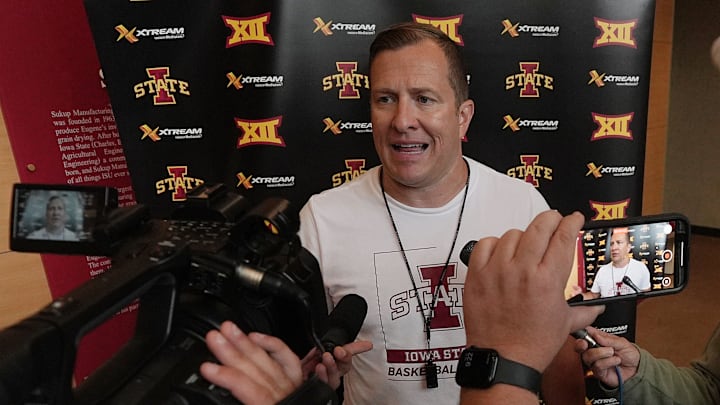 Iowa State men’s basketball head coach T.J. Otzelberger talks to media at the university Sukup Basketball Complex on June 24, 2025, in Ames, Iowa. Iowa State men’s basketball head coach T.J. Otzelberger talks to media at the university Sukup Basketball Complex on June 24, 2025, in Ames, Iowa.