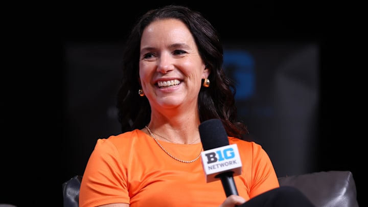 Oct 2, 2024; Rosemont, IL, USA; Illinois head coach Shauna Green during the 2024 Big Ten Womenís Basketball media day at Donald E. Stephens Convention Center. Mandatory Credit: Melissa Tamez-Imagn Images