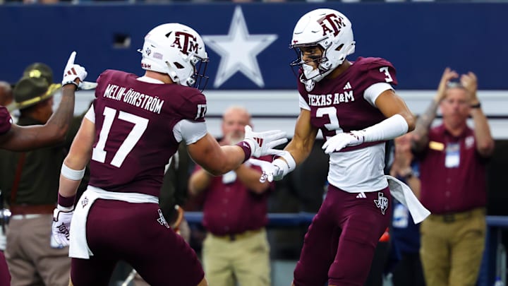 Sep 28, 2024; Arlington, Texas, USA;  Texas A&M Aggies wide receiver Noah Thomas (3) celebrates with Texas A&M Aggies tight end Theo Melin Ohrstrom (17) after scoring a touchdown during the first quarter at AT&T Stadium.