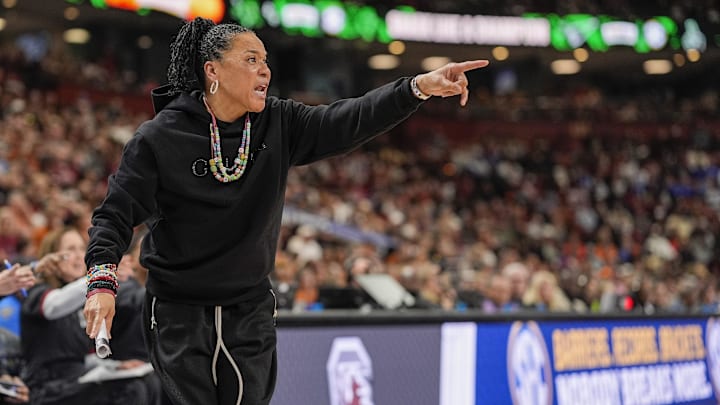 Mar 9, 2025; Greenville, SC, USA; South Carolina Gamecocks head coach Dawn Staley reacts to a call  during the second half against the Texas Longhorns at Bon Secours Wellness Arena. Mandatory Credit: Jim Dedmon-Imagn Images