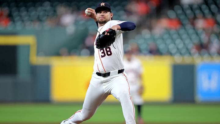 Aug 20, 2026; Houston, Texas, USA;  Houston Astros pitcher Peter Lambert (38) delivers a pitch against the Los Angeles Angels during the first inning at Daikin Park.  Mandatory Credit: Erik Williams-Imagn Images