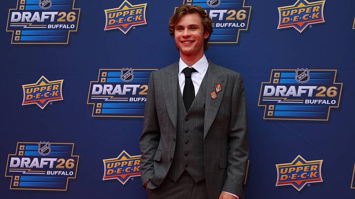 Penn State Nittany Lions forward Gavin McKenna before the first round of the 2026 NHL Draft at KeyBank Center. 