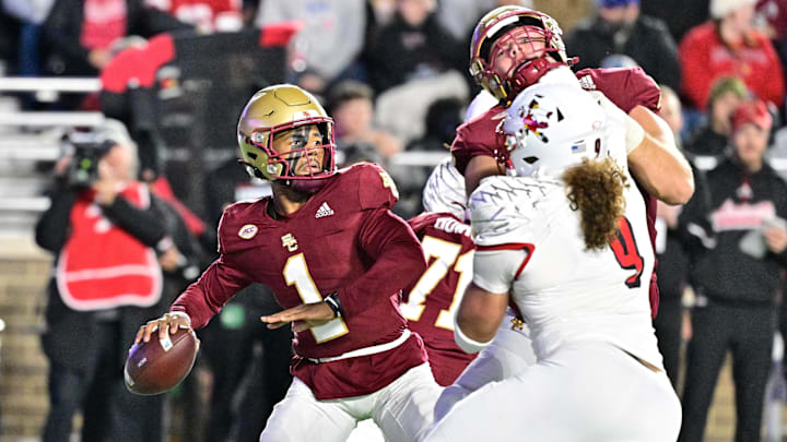 Oct 25, 2024; Chestnut Hill, Massachusetts, USA; Boston College Eagles quarterback Thomas Castellanos (1) passes the ball against the Louisville Cardinals during the first half at Alumni Stadium. Mandatory Credit: Eric Canha-Imagn Images