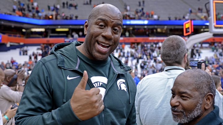 Mar 29, 2015; Syracuse, NY, USA; Michigan State Spartans former player Magic Johnson after the game against the Louisville Cardinals in the finals of the east regional of the 2015 NCAA Tournament at Carrier Dome. The Michigan State Spartans won 76-70. Mandatory Credit: Mark Konezny-Imagn Images