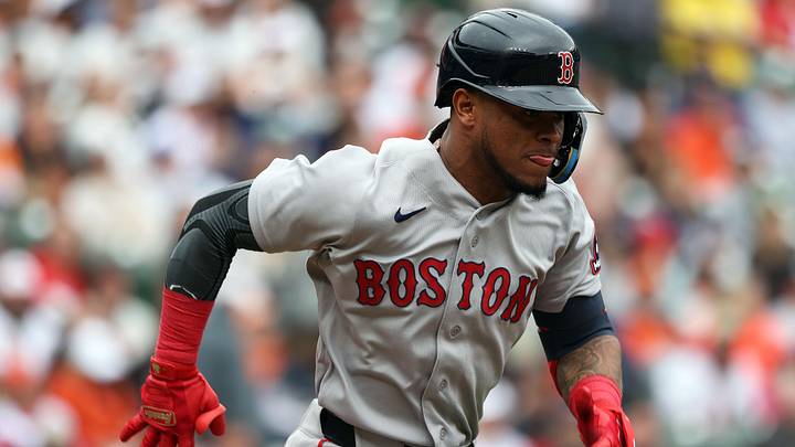 Apr 25, 2026; Baltimore, Maryland, USA; Boston Red Sox center fielder Ceddanne Rafaela (3) runs to first base during the first inning against the Baltimore Orioles at Oriole Park at Camden Yards. Mandatory Credit: Daniel Kucin Jr.-Imagn Images
