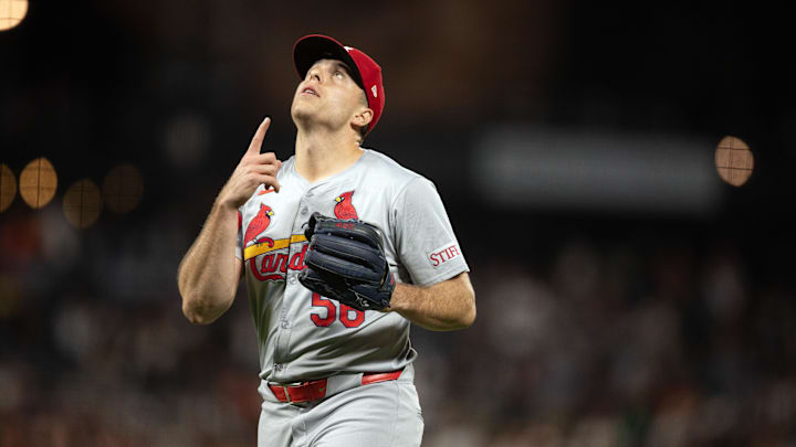 Sep 27, 2024; San Francisco, California, USA; St. Louis Cardinals pitcher Ryan Helsley (56) reacts to getting the final out against the San Francisco Giants during the ninth inning at Oracle Park.