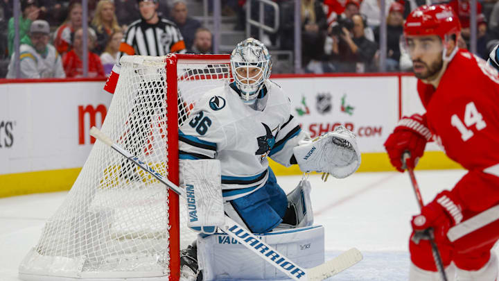 Dec 7, 2023; Detroit, Michigan, USA; San Jose Sharks goalie Kaapo Kahkonen (36) looks on during the