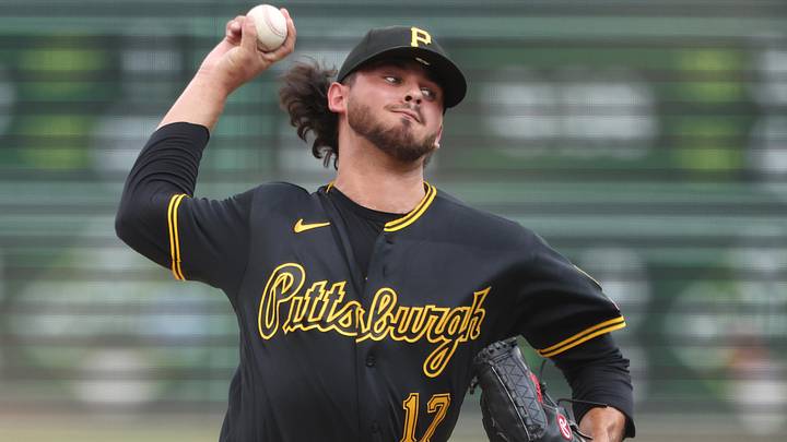 Jun 10, 2026; Pittsburgh, Pennsylvania, USA;  Pittsburgh Pirates starting pitcher Jared Jones (17) delivers a pitch against the Los Angeles Dodgers during the first inning at PNC Park. Mandatory Credit: Charles LeClaire-Imagn Images