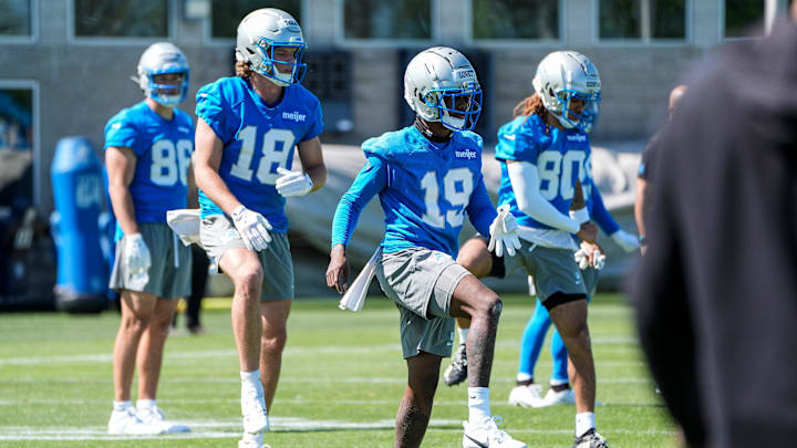 Detroit Lions wide receivers Dominic Lovett (19) and Isaac TeSlaa (18) practice during rookie minicamp at Meijer Performance Center in Allen Park on Friday, May 9, 2025.