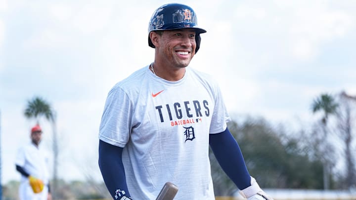 Detroit Tigers outfielder Jahmai Jones smiles at live batting practice during spring training at TigerTown in Lakeland, Fla. on Saturday, Feb. 14, 2026.