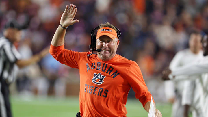 Oct 18, 2025; Auburn, Alabama, USA;  Auburn Tigers head coach Hugh Freeze reacts after a play during the fourth quarter against the Missouri Tigers at Jordan-Hare Stadium. Mandatory Credit: John Reed-Imagn Images