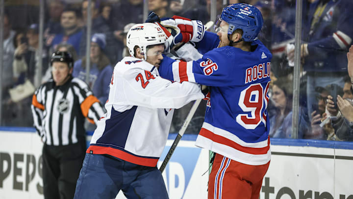 Apr 21, 2024; New York, New York, USA; Washington Capitals center Connor McMichael (24) and New York
