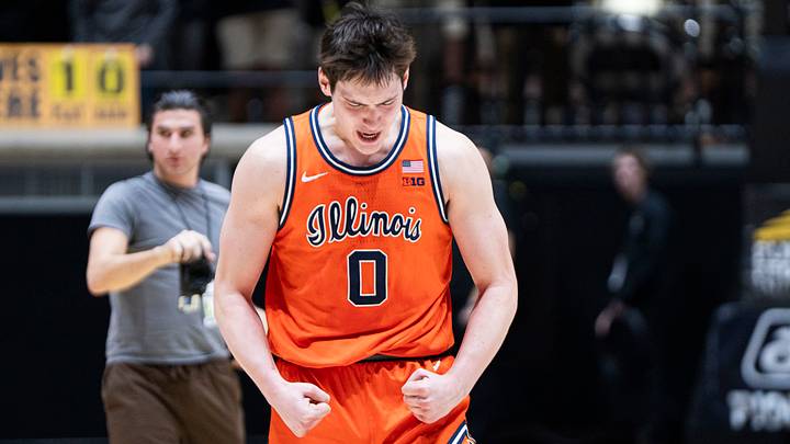 Jan 24, 2026; West Lafayette, Indiana, USA; Illinois Fighting Illini forward David Mirkovic (0) celebrates a win agains the Purdue Boilermakers at Mackey Arena. Mandatory Credit: Jacob Musselman-Imagn Images Jan 24, 2026; West Lafayette, Indiana, USA; Illinois Fighting Illini forward David Mirkovic (0) celebrates a win agains the Purdue Boilermakers at Mackey Arena. Mandatory Credit: Jacob Musselman-Imagn Images