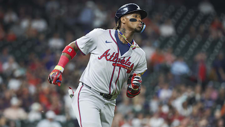 Apr 16, 2024; Houston, Texas, USA; Atlanta Braves right fielder Ronald Acuna Jr. (13) runs to first