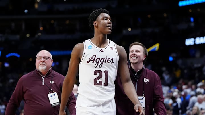 March 20, 2025; Denver, CO, USA; Texas A&M Aggies forward Pharrel Payne (21) reacts after the win over Yale Bulldogs at Ball Arena. Mandatory Credit: Ron Chenoy-Imagn Images