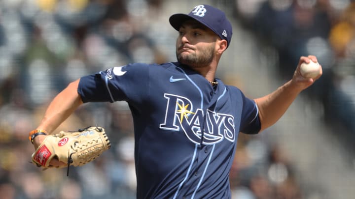 Apr 19, 2026; Pittsburgh, Pennsylvania, USA;  Tampa Bay Rays pitcher Shane McClanahan (18) delivers a pitch against the Pittsburgh Pirates during the first inning at PNC Park.