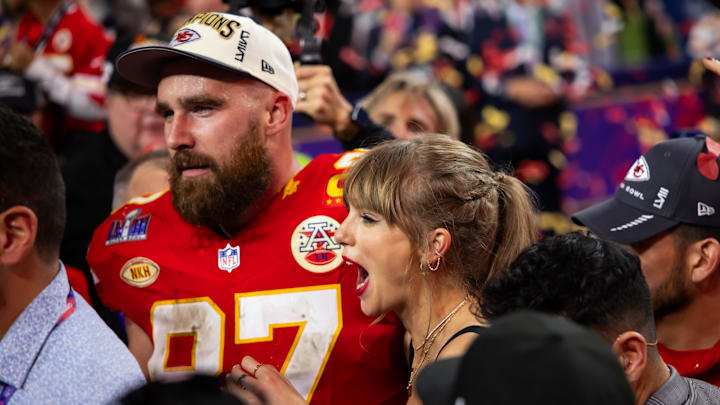 Feb 11, 2024; Paradise, Nevada, USA; Kansas City Chiefs tight end Travis Kelce (87) celebrates with girlfriend Taylor Swift after defeating the San Francisco 49ers in Super Bowl LVIII at Allegiant Stadium. Mandatory Credit: Mark J. Rebilas-USA TODAY Sports