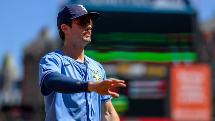 Sep 8, 2024; Baltimore, Maryland, USA; Tampa Bay Rays outfielder Jonny DeLuca (21) looks on before the game between the Baltimore Orioles and the Tampa Bay Rays at Oriole Park at Camden Yards. Mandatory Credit: Reggie Hildred-Imagn Images