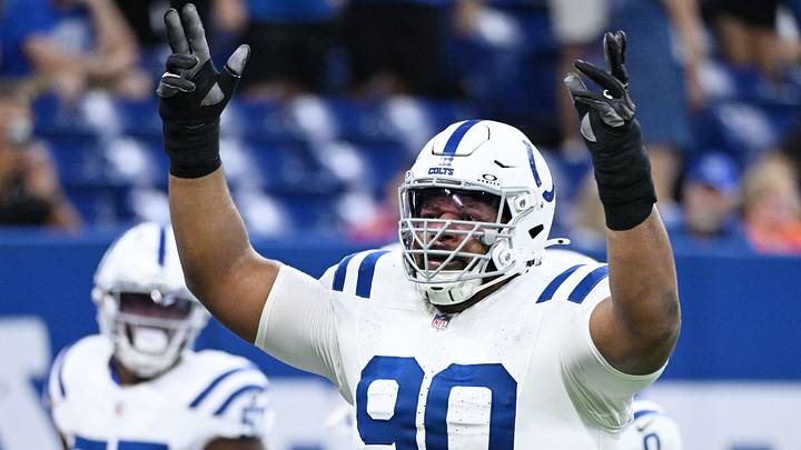 Indianapolis Colts defensive tackle Grover Stewart (90) celebrates after an intercaption against the Detroit Lions during the first half at Lucas Oil Stadium. Mandatory Credit: Robert Goddin-Imagn Images Indianapolis Colts defensive tackle Grover Stewart (90) celebrates after an intercaption against the Detroit Lions during the first half at Lucas Oil Stadium. Mandatory Credit: Robert Goddin-Imagn Images